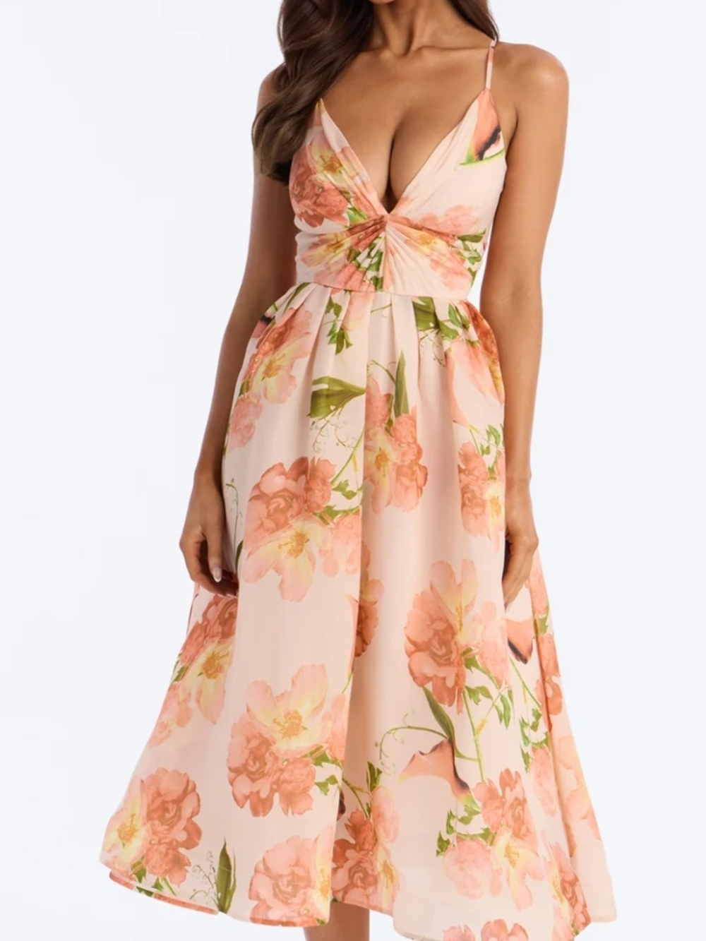 Fashion Nova Vestido Aria Peach Floral Twist-Front Midi Dress